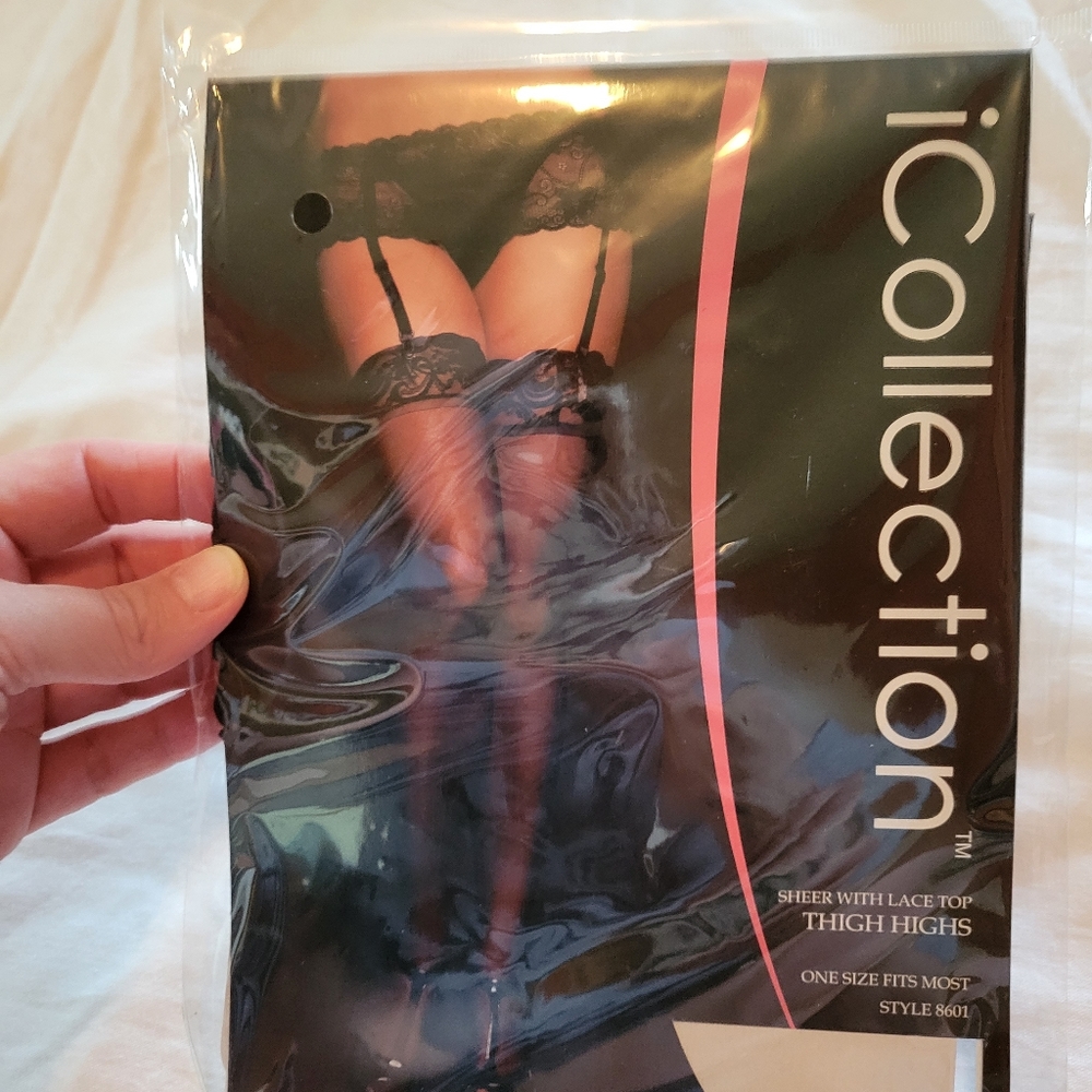 Sheer with lace top thigh high black stockings NWT